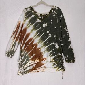 XCVI Green, White, and Brown Tie Dye Waffle Knit V Neck Pullover Sweatshirt Size